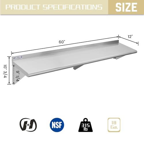 Image of Hally Stainless Steel Shelf 12 x 60 Inches 315 lb, NSF Commercial Wall Mount Floating Shelving for Restaurant, Kitchen, Home and Hotel