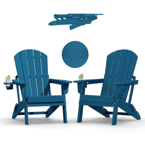Image of Plawdlik Folding Adirondack Chair, SGS Tested, Wooden Textured with Cup Holder, Heavy All-Weather HDPE Comfortable Set Poolside Backyard Lawn Navy Blue Set 2