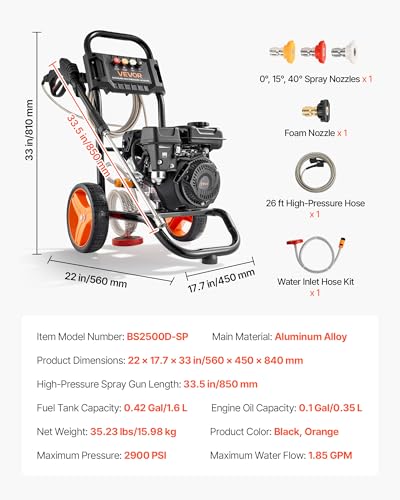 Image of VEVOR Gas Pressure Washer 2900 PSI and 1.85 Max GPM, Upgrade Aluminum Pump with Spray Gun and Wand, 4 Nozzle Set, Gas Powered Pressure Washer for Cars, Fences, Driveways, Homes, Patios, Furniture