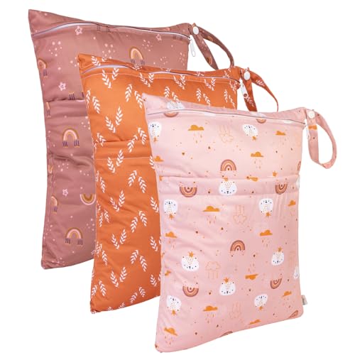 Image of Babygoal Wet Dry Bags for Baby Cloth Diapers, Washable Travel Bags, Beach, Pool, Gym Bag for Swimsuits & Wet Clothes with Two Zippered Pockets 3 Pack, 3LN15
