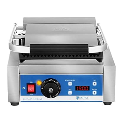 Royal Catering Kontaktgrill Elektrogrill Pannini Grill (1800 W, 55–300 °C, geriffelt, Timer 15 min, Abtropfschale, 36,2 x 31,3 x 20,1 cm, Gusseisen emailiert) – Bild 6