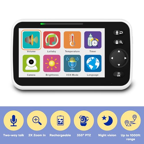 Baby Monitor with Camera and Audio, 5'' Screen Baby Monitors No WiFi, 30-Hour Battery, Remote Pan-Tilt-Zoom Video Baby Monitor, Night Vision,VOX,2-Way Talk, Temperature, 8 Lullabies and 1000ft Range