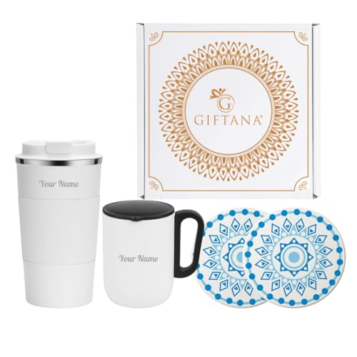Image of Giftana 3 in 1 Personalized Tumbler with Coffee Mug 180ml & 2 Coasters - Customized Gift Set for Men & Women, Ideal for Husband, Father, Corporate Gifts for Employee (White 1)