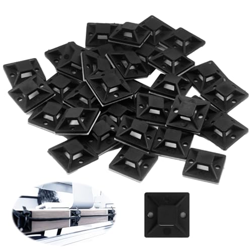 100 Pièces Embases Adhésives pour Attaches de Câble, 28mm x 28mm, Support de Serre-Câble Auto-Adhésif en Plastique, Embase pour Collier de Serrage pour Gestion des...