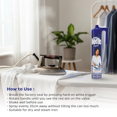 Image of Merito Original Ironing Spray Starch, Professional Crisp & Stiff Finish - Easy Ironing Glide, Wrinkle-Free Dry Cleaning Results at Home, Imported from Italy, 500ml (Pack of 1)