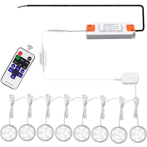 AIBOO Linkable Under Cabinet LED Lighting 12V Dimmable Puck Lights Hardwired with Wireless RF Remote Control for Kitchen Mood Lighting(8 Lights, Daylight White, NO Wall Plug)