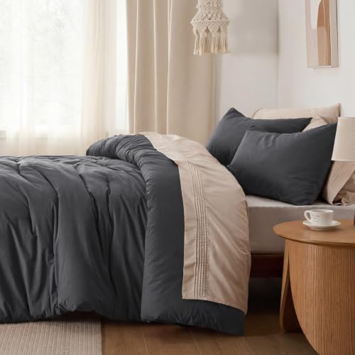 Image of Bedsure PureWoven Cotton Comforter Set Prewashed, King, Charcoal Grey | Cotton Fabric, Microfiber Inner Fill, Soft, Breathable, Natural Wrinkle, 1 Comforter(104 inch X 90 inch), 2 Pillow Shams(20 inchx26 inch)