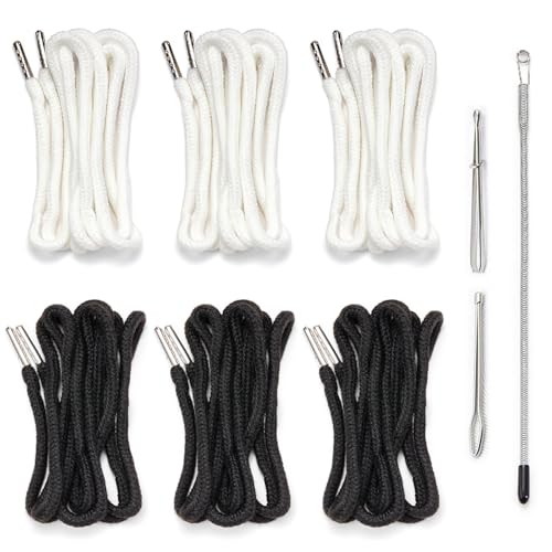 6 Pieces Drawstring Pants Threader with Replacements Draw Strings for Men & Women 57 Inch Drawstring Cord for Shorts Pants Sweatpants and Hoodies Repairing (3 Black 3 White)