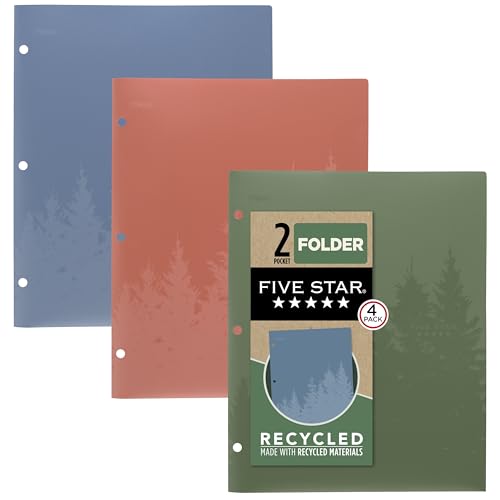 Five Star 2 Pocket Folders, 4 Pack, Recycled Plastic Folders with Stay-Put Tabs and Prong Fasteners, Fits 3-Ring Binder, Holds 11” x 8-1/2” Paper, Writable Label, Clay, Green, Blue, Gray (33002)