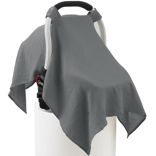 Image of 100% Muslin Cotton Car Seat Cover Baby, Carseat Canopy Cover, Universal Fit Stroller Covers for Boys and Girls (Grey)