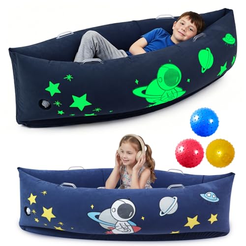 Sensory Peapod Chair for Autism ADHD Kids - 60in Inflatable Sensory Canoe with Glow in the Dark Space Pattern - Deep Pressure Calming Seat Pod for Children Sensory Seeking with 3 Sensory Balls