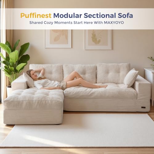 Image of MAXYOYO 96 inch L Shaped Modular Sectional Sofa with Ottoman, Cloud Boneless Couch with Layered Cushion, Upholstered Sofa in a Box, Flexible Module Combination for Living Room, No Assembly, Beige