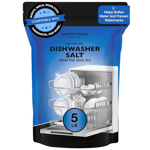 Aromasong Dishwasher Salt 5 LB - 100% Natural Water Softening Agent Compatible with Bosch, Miele, Whirlpool, Thermador and More... For Cleaner Dishes & Washer Reactivation (packaging may vary)