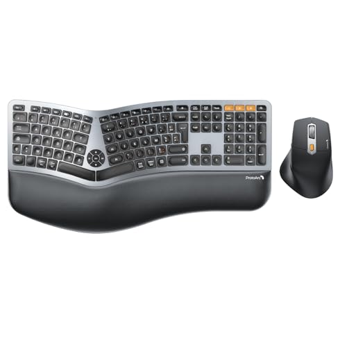 ProtoArc EKM01 Plus Clavier et Souris Ergonomique sans Fil, Bluetooth Ensembles Clavier Souris Ergo avec Repose-Poignets, Design Divisé, Rechargeable, Silencieux, AZERTY, pour PC et Mac