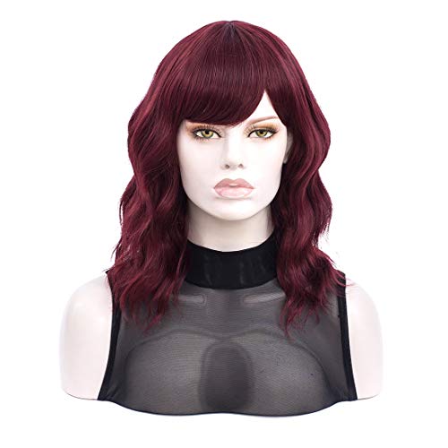 Peruca bob vermelha com franja | Peruca feminina Qaccf curta ondulada comprimento do ombro Full Bang