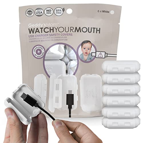 Image of Geddy´s Mom Watch Your Mouth - The Award-Winning Child Safety USB Cover Cap Baby Proof Cord Protector| BPA & Phthalate-Free Charger Protector | Electrical Safety Baby Products - 6 Pack (White)