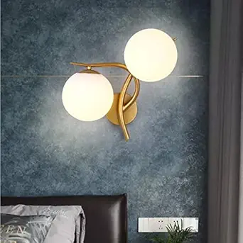 2-Light European Wall Light Gold Double Head E27 Wall Sconce Glass Ball Shade Bedside Lamp Metal Wall Lamps for Living Room Bedroom Wall Mirror Light Bulb not Include