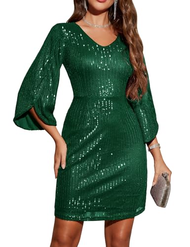 Image of Dressystar Sequin Dress for Women 2026 Sparkly Formal V Neck Long Slit Sleeves Glitter Bodycon Cocktail Party Prom Dresses