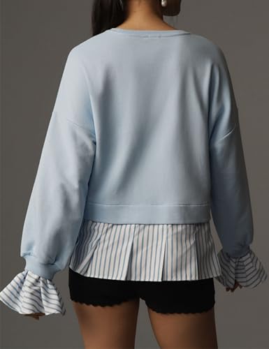 Striped Trim Twofer Sweatshirt For Women Crew Neck Long Sleeve Patchwork Pullover Sweater Outfits4