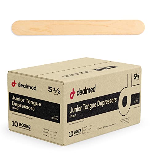 Image of Dealmed 5.5 inch Junior Tongue Depressors - 1,000 Sterile Wood Tongue Depressor Sticks, Individually Wrapped for Medical Practice, Emergency First Aid Kits, Crafts, 100 /Box (Pack of 10)
