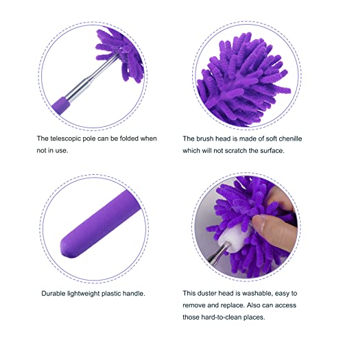 Image of MECCANIXITY Microfiber Duster for Cleaning, 11 to 31 Inch Washable Extendable Brush for Window, Furniture, Ceiling Fan, Purple Pack of 2
