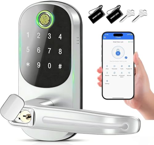 UCMDA Smart Lock - Fingerprint Door Lock with Handle, Keyless Entry Door Knob with APP/Fingerprint/IC Card/Digital Code/Key, Electronic Keypad Deadbolt Lock for Home Hotel Bedroom Security, Auto Locks