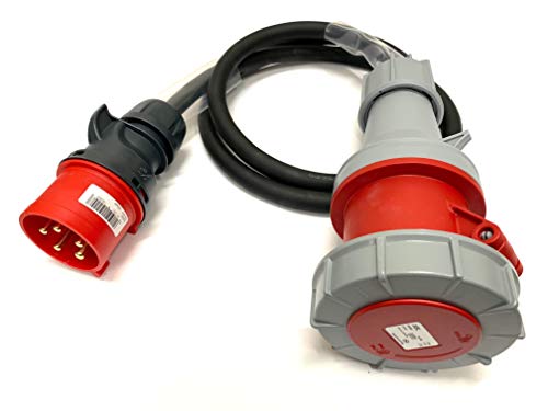 32 Amp Plug to 63 Amp Socket 5 Pin Three Phase 415V Adaptor - PCE Red - Heavy Duty H07RN-F Rubber Cable - 32A-63A 3PH Adapter Converter Lead (1 Metre)