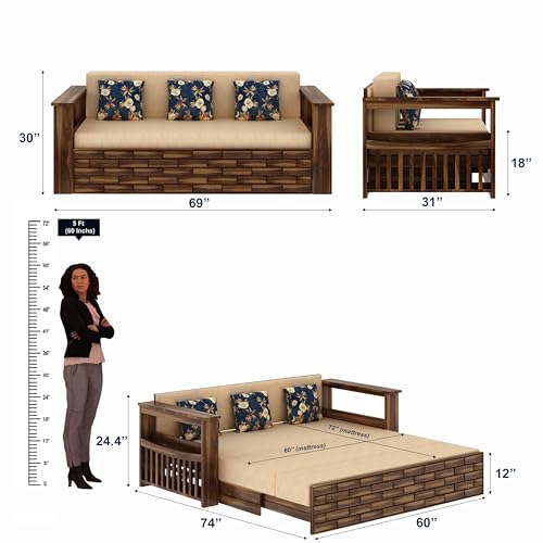 Image of Ganpati Arts Italian Solid Sheesham Wood 3 Seater Sofa Cum Bed with Side Pockets for Storage and Fabric at Back Wooden Sofa Furniture for Living Room Home (Teak Finish)