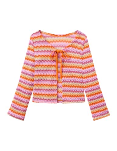 ZAFUL Swimsuit Coverup Shirt for Women Crochet Cardigan Bathing Suit Cover Up Long Sleeve Cover Ups Top Zigzag Orange M — view 2