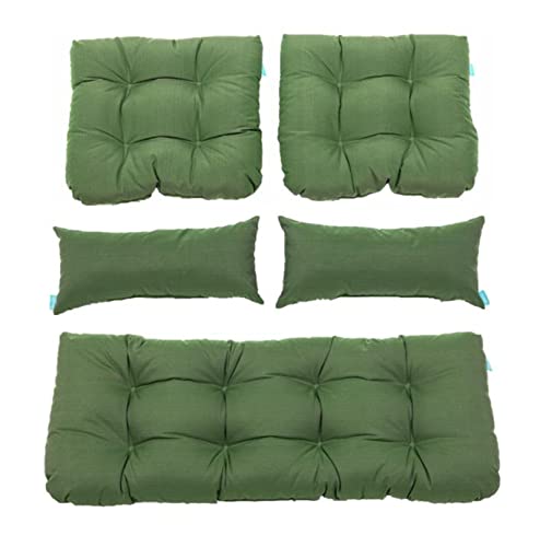 Image of QILLOWAY Outdoor Wicker Cushion Set of 5 - Waterproof Fade Resistant Patio Furniture Cushions, Loveseat 2 U-Shape 2 Lumbar Pillows for Porch, Bench, Backyard, Garden, Dark Green