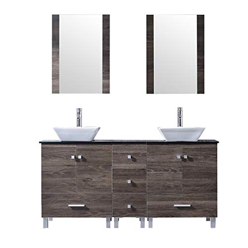 Bathjoy 60" Double Ply Wood Bathroom Vanity Cabinet And Square Ceramic Vessel Sink W/Mirror Faucet Combo #TOP16