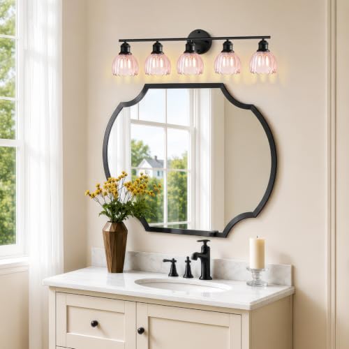 Image of Bathroom Light Fixtures, 5-Light Brushed Black Vanity Lights for Bathroom with Pink Tulip Glass Shade, 30 inch Vintage Bathroom Vanity Lighting Fixtures Over Mirror for Bedroom Living Room Hallway