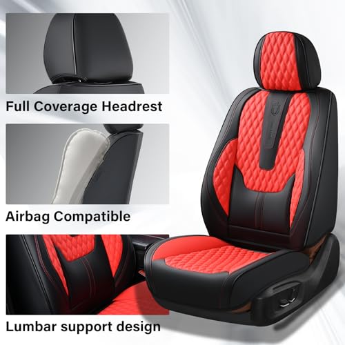 Image of Coverado Car Seat Covers Full Set, 5 Seat Leather Seat Covers for Cars, Car Seat Protector with Lumbar Support, Waterproof Seat Covers Universal Fit for Most Cars SUV Trucks (Red&Black)
