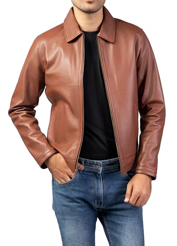 Image of Jild Polo Collar Premium Leather Jacket Men - Old School Classic Style Everyday Wear Real Lambskin Mens Leather Jacket