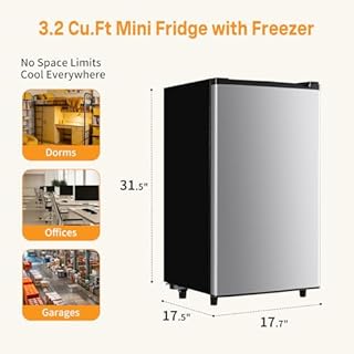 KMFurnila Mini Fridge with Freezer, 3.2 Cu.Ft Mini Refrigerators, Small Beverage Fridge with Adjustable Thermostat, for Bedroom, Office, Dorm, Single Door, Quiet & Energy Saving, Black