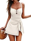 Zilcremo Swim Dress for Women Tummy Control One Piece Swimsuit Wrap Swimdress Square Neck Skirted Bathing Suit Swimwear Beige S