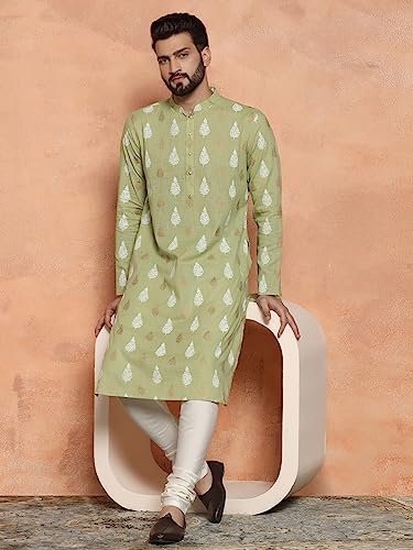 Image of KISAH Men Green and White Kurta, Cotton, Full Sleaves, Knee Length, Straight, Regular Fit, Mandarin Collar Ethnic wear