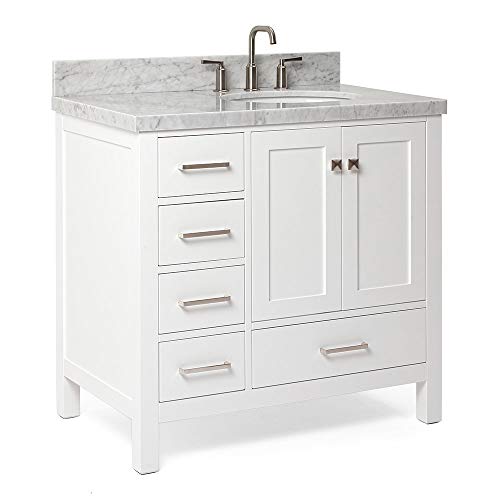 Ariel 37" Inch Right Offset Bathroom Vanity In White With 1.5" Inch Edge Carrara White Marble Counter-Top | Oval Sink | 2 Soft Closing Doors And 5 Full Extension Dovetail Drawers | Satin Nickel Pulls #TOP2