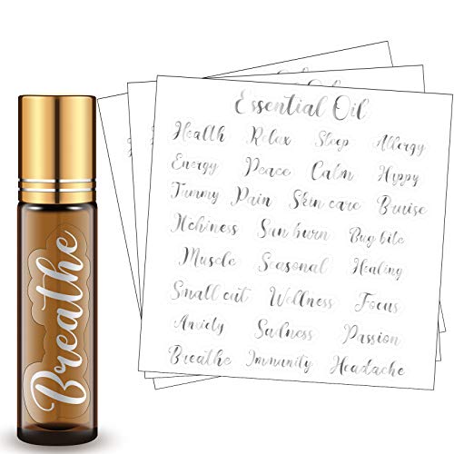 7 Sheets Essential Oil Labels Stickers, Adhesive Letter Labels Oil Roller Bottles Lip Oil Tubes Waterproof Stickers Essential Oil Accessories Water-proof Roller Bottle Label Decoration (Silver)