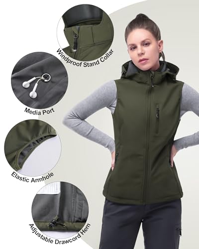 33,000ft Damen Softshell Westen mit Abnehmbare Kapuze Fleece Gefütterte Ärmellose Jacke Wasserdichte Winddichte Sportwesten Vest mit 5 Taschen für Reiten Laufen Wandern Olivgrün L