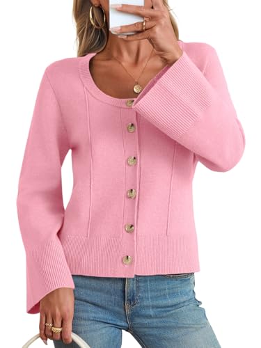 Image of Saodimallsu Womens Bell Sleeve Cardigan Sweaters Button Down Long Sleeve Fall Trendy Sweaters 2025 U Neck Knit Outwear