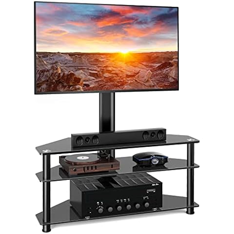 TAVR Glass Floor TV Stand with Swivel Mount for 32 37 43 47 50 55 60 65 70 inch LCD LED Flat/Curved Screen TVs, Height Adjustable 3-in-1 Corner TV Stand Mount, Hold up to 88 lbs, Black Cover