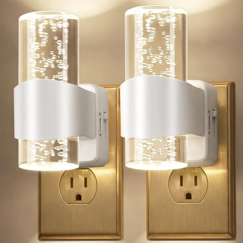 2 Pack LED Night Light Plug in, Auto Dimmable Night Light with Light Sensor & Slide Dimmer, 3000K Warm White Soft Glow 1W Energy Saving Nightlight for Bedroom Bathroom Hallway Stairs Kids Room Nursery