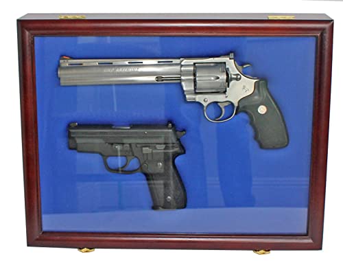 Pistol Airsoft Gun/Handgun Revolver Gun Display case Shadow Box, Cabinet Lockable Door with Blue Felt Background, Mahogany Finish Frame