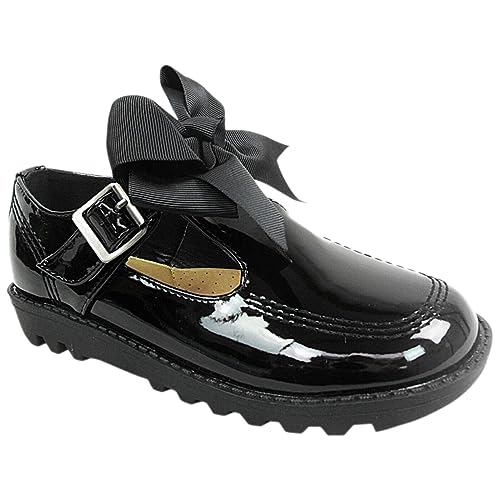 Girls Back to School Shoes Kids Children Ladies Womens Mary Jane Pumps Slip On Bow Flat Low Loafers Ballerina Dolly Pump Work Office Geek Formal Casual Flat T Bar Grip Shu (Bow Court Patent, 10)