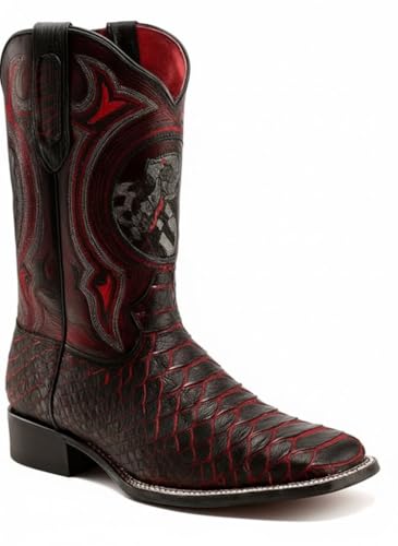 Men’s Genuine Leather Exotic Python Snakeskin Print Square Toe Cowboy Western Boots - Black Cherry (Black Cherry, 10, US Footwear Size System, Adult, Men, Numeric, Medium, 10)
