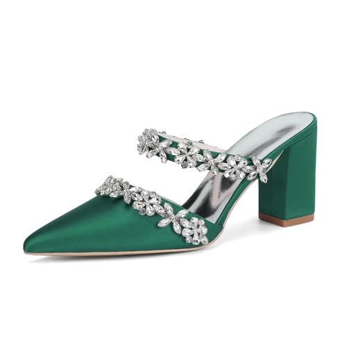 女性のポインテッドトゥ スリップオンサンダル(ラインストーン付き) クローズドトゥ サテン チャンキーヒール - セクシーなスタイル結婚式・ブライダルパーティーに最適,グリーン,42