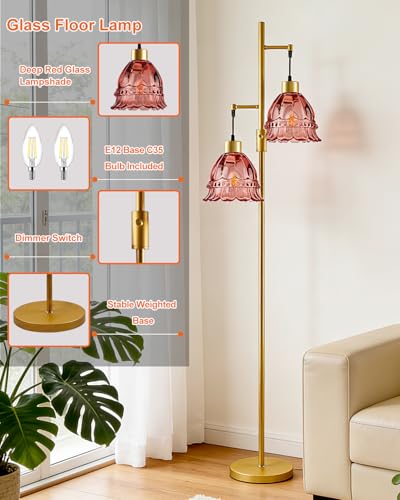 Image of Lightdot 65IN Glass Floor Lamp for Living Room, 2- Light Gold Flower Floor Lamps with Rose Red Glass Lampshade,3000K Warm White Modern Standing Tall Lamp with 5Lbs Heavy Base for Bedroom Corner