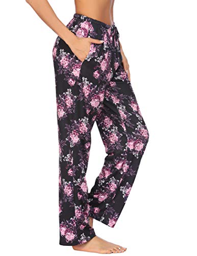 Image of Ekouaer Women Pajama Pants Comfy Pj Bottom with Pockets Stretch Plaid Sleepwear Black Flower XX-Large
