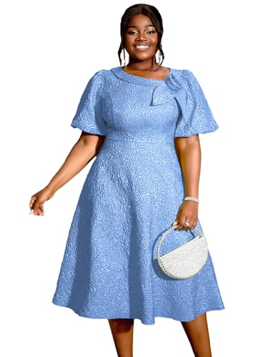 Image of AOMEI Women's Irregular Neck with Flower Short Puff Sleeve High Waist A-Line Jacquard Dress